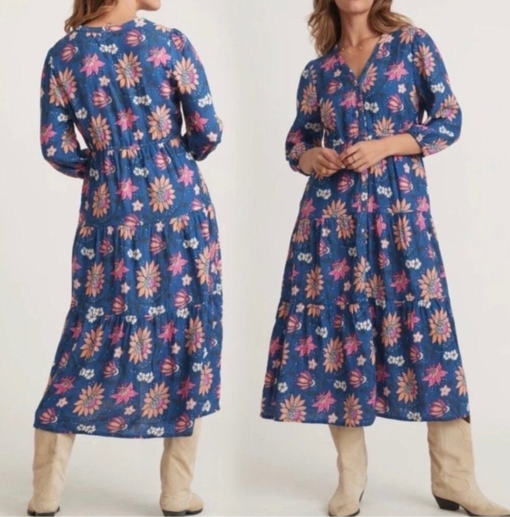 Marine Layer Button Front Tiered Cotton Gauze Floral Midi Dress Women's Medium